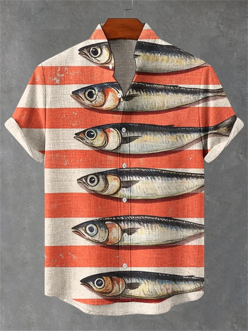 3D solid foundation make-up koi printed men's short sleeved shirt linen China-Chic ink style lapel casual shirt