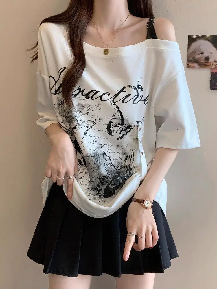 American Retro Dark Gray Letter Sparkle Butterfly Print T-shirt Asymmetric Boat Neck Button Detail Twist Hem Casual Loose Tee