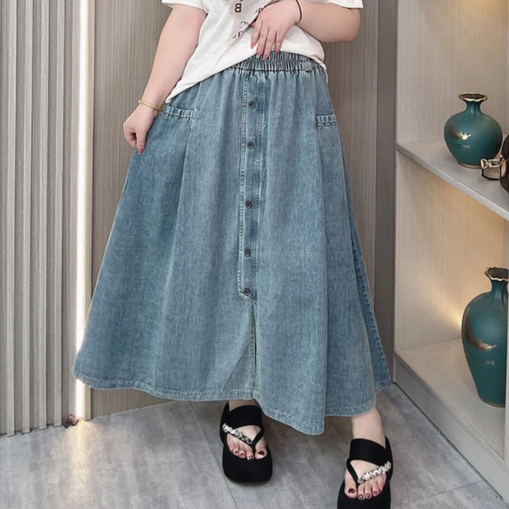 Lente Zomer Plus Size Dames Rokken Retro Fashion Hoge Taille Denim Elastische Taille Lange Paraplu Rok