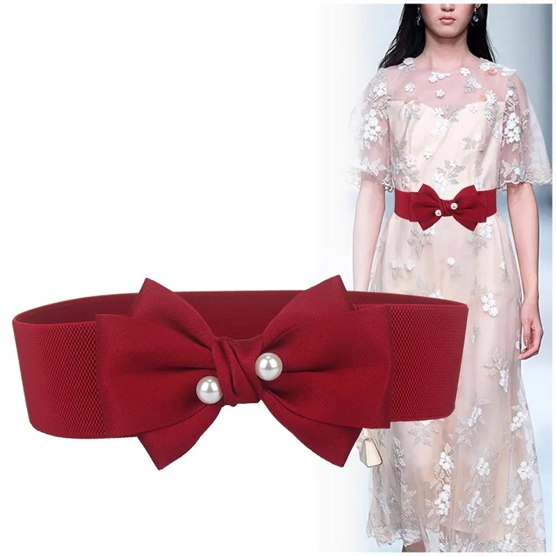 Women's Runway Fashion Pearl Bow Cummerbunds Female Dress Corsets Waistband Belts Decoration Wide Belt R1815