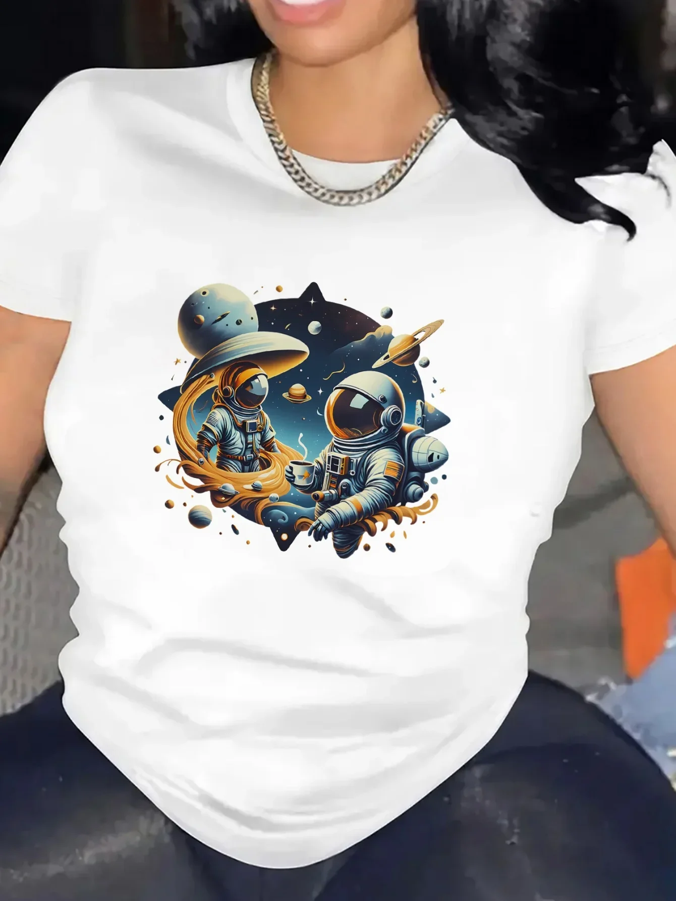 Print with Astronauts Flames Polyester Blend Perfect Casual Casual Wear Women'S Casual Astronaut Graphic T-Shirt Sleeve Themed
