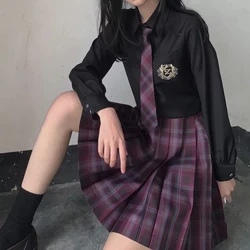 Summer Gothic Girls JK Uniform Skirt Purple Plaid High Waist Pleated Skirt Women Students Japanese School Uniforms Falda Plisada