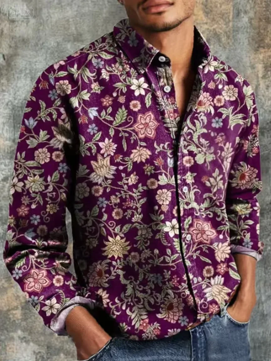 خمر 3D زهرة مطبوعة نمط قميص الرجال طويلة الأكمام زر طوق عارضة قميص الخريف أزياء الرجال الشارع في الهواء الطلق قميص