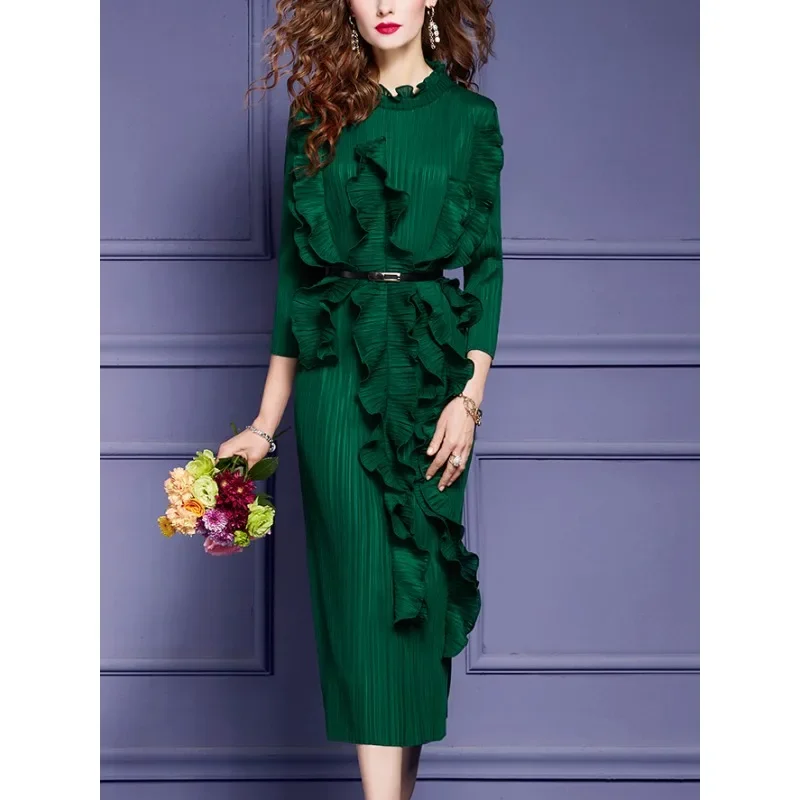 ALSEY Pleated 2024 Autumn New Temperament Dress Fashion Light Luxury Small Ruffled Solid Color Long-sleeved Skirt