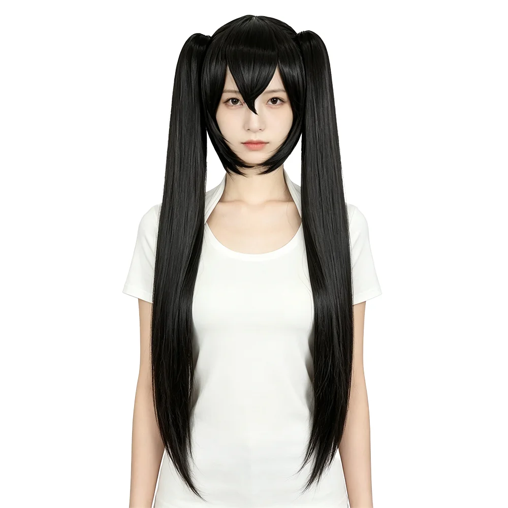 Miku Cosplay Wig 120cm Long Black Straight Wig with 2 Detachable Clip-on Ponytails Heat Resistant Synthetic Anime Wig For Women