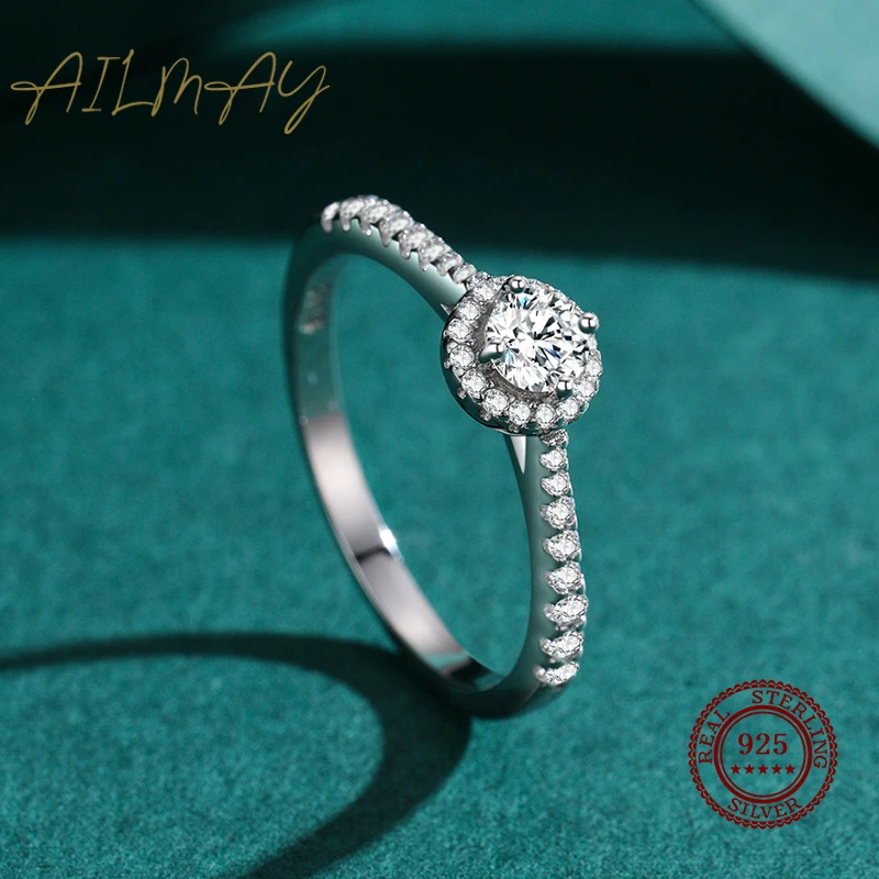 Ailmay Top qualité réel 925 en argent Sterling élégant rond scintillant CZ bague pour les femmes de mariage fiançailles bijoux cadeau