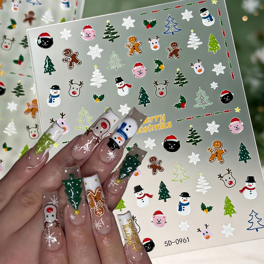 5D Embossed Christmas Nail Art Stickers Cartoon Snowman Reindeer Gingerbread Christmas Tree Nail Art Decal DIY Holiday Manicures