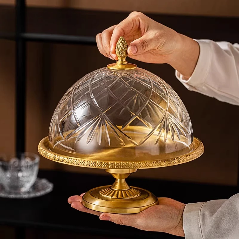 European retro brass glass household with lid tall snack tray, refreshment afternoon tea snack dessert cake tray