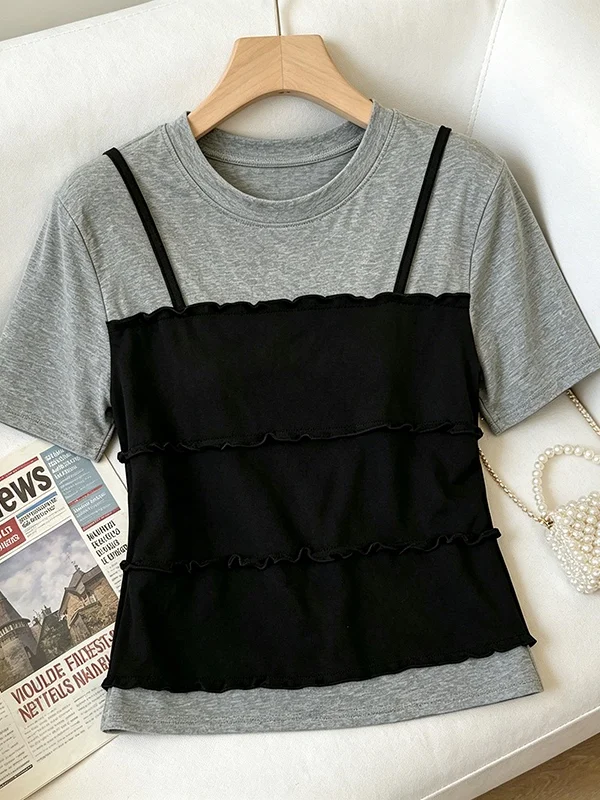 

plus Size Women's Summer 2026 Korean Style Splice Short Sleeve Slim Fit T-Shirt with Wood Grain Ruffle Design Breathable Top