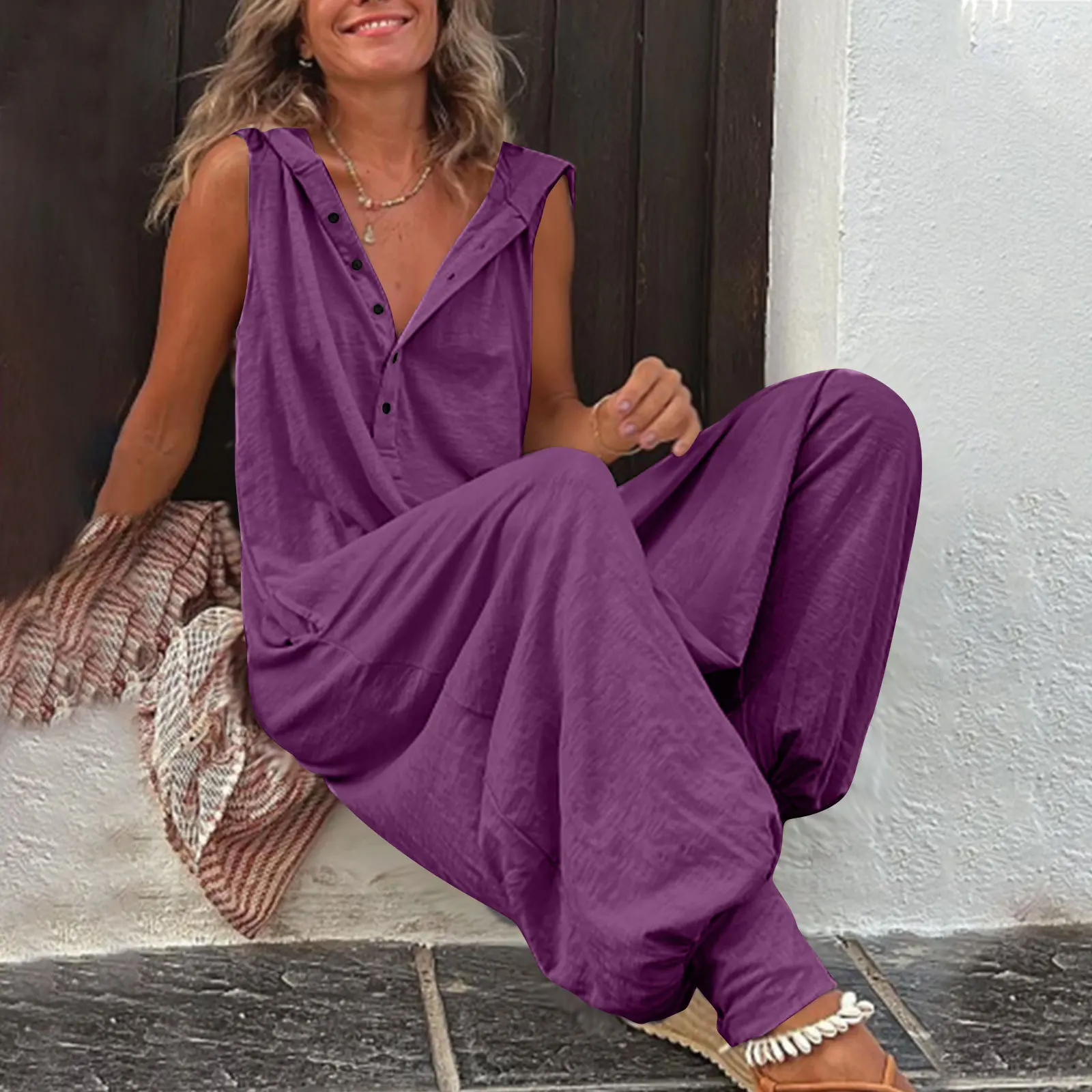 Damen Sommer Ärmelloser Lässiger Kapuzen-Jumpsuit V-Ausschnitt Lose Haremshose Einteiler für Urlaub und Alltag – Detail 8