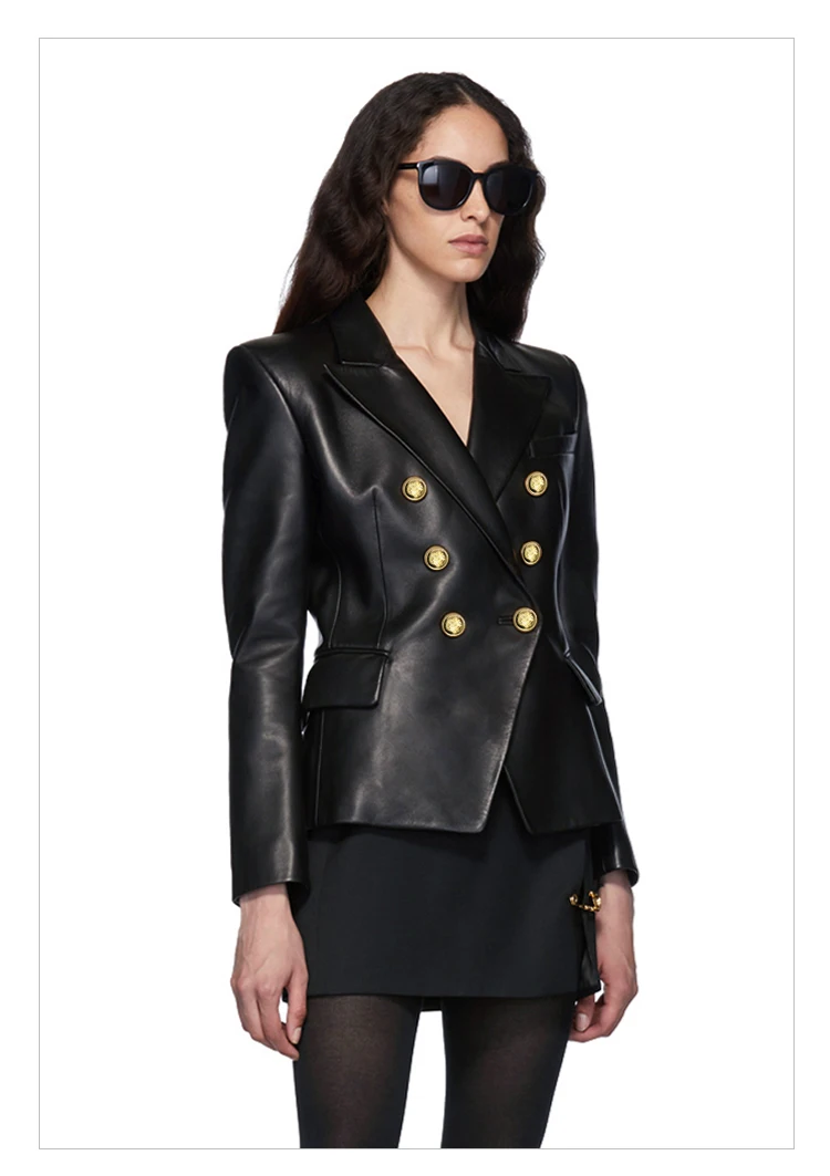 Lautaro Spring Autumn Short Elegant Luxury Pu Leather Blazer Women Long Sleeve Golden Buttons Double Breasted European Fashion