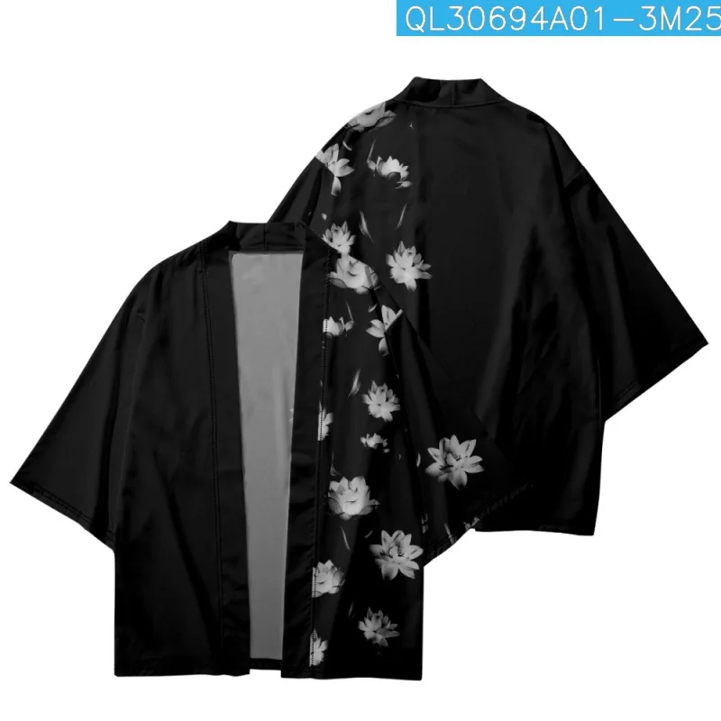 

Splicing Lotus Floral Printed Black Japanese Kimono Beach Shorts Yukata Shirt Haori Cardigan Cosplay Couple Men Women Streetwear