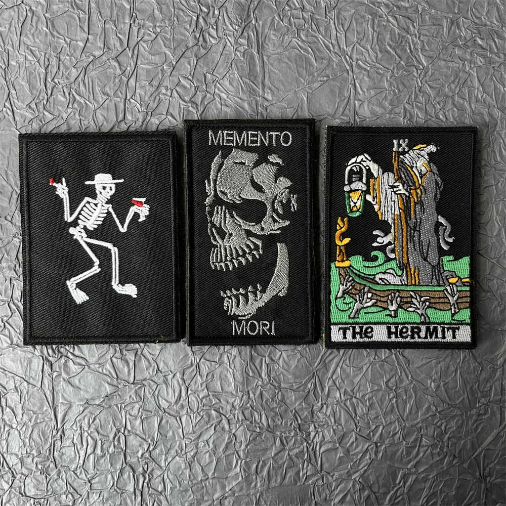 The Hermit and Dance Skull Stickers for Clothes Memento Mori Badges Embroiderd Patch Hook and Loop Patches Backpack