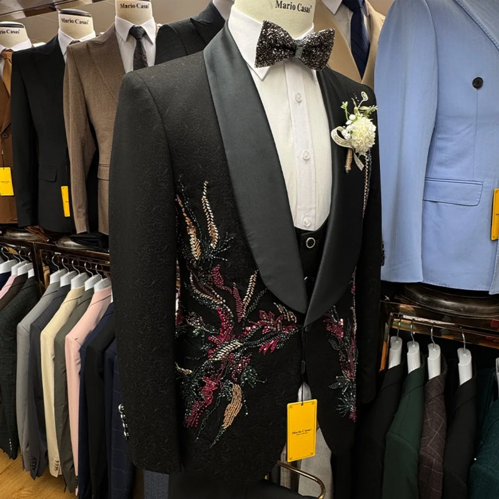 الفاخرة زين الرجال البدلة مجموعة 3 قطعة لحفل الزفاف الكلاسيكية كريستال العريس البدلة بدلة الحفلات بليزرات السراويل بدلة رجالية رائعة
