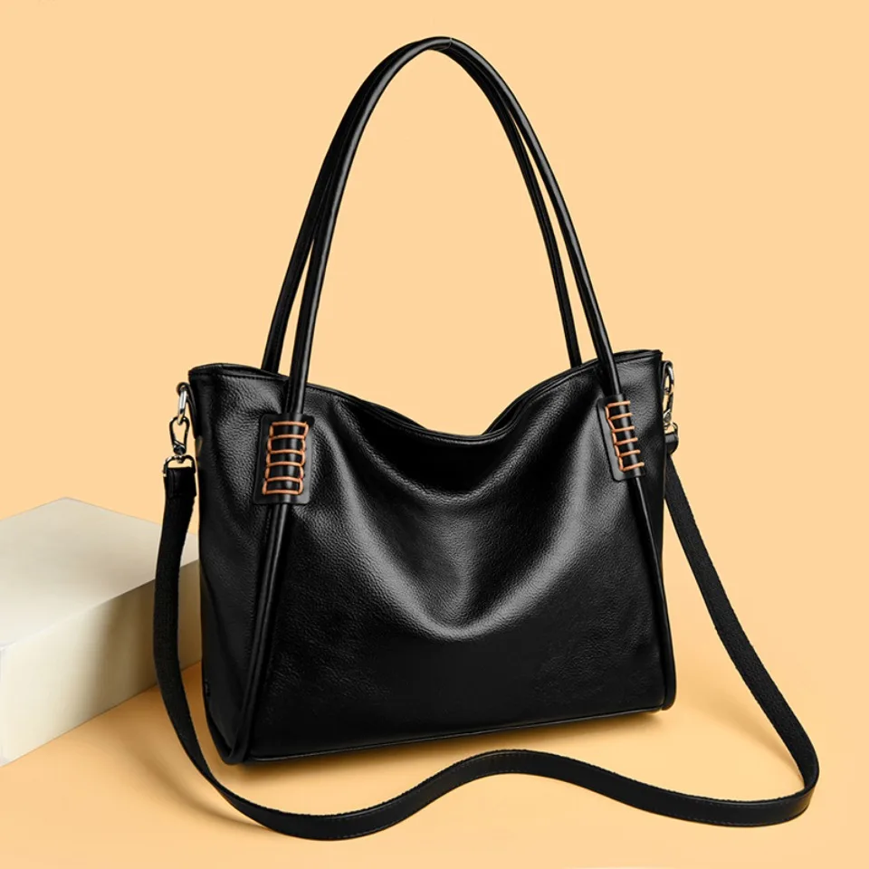 Vintage Soft Leather Women Large Tote Handbag Stitch Edge Design Multiway Crossbody Shoulder Bag Work Daily Travel Shopper Bag