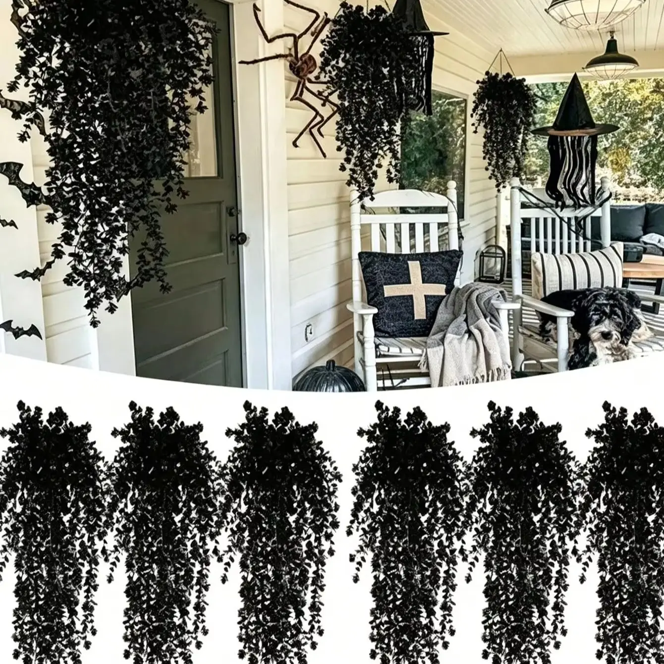 6pcS Halloween Black Artificial Hanging Eucalyptus Vine Fake Plant Wall Door Porch Hanging Decor Spooky Halloween Party Supplies