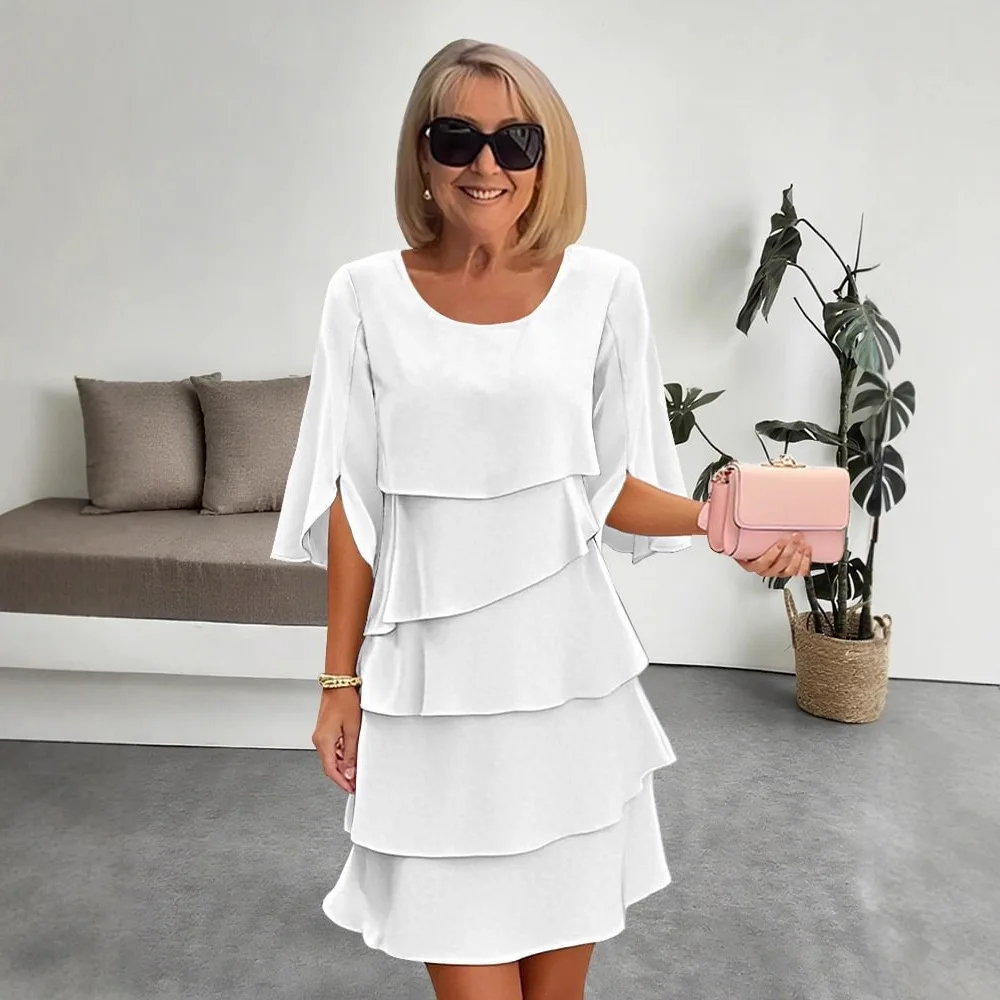 

2026 New Fashion Bat Sleeve Ruffled Dresses Women's Summer Casual Loose Solid Round Neck Home Short Sleeve Mini Dress Women