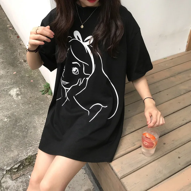 Fashion Summer Women Solid Black White O-Neck Simple Print T-Shirt Short Sleeve Loose Casual Tops Tees Clothes Girl Streetwear