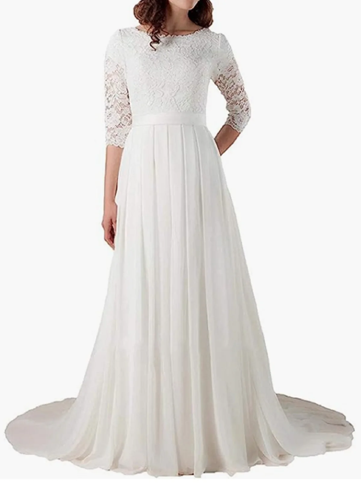 

YNQNFS Кружевное свадебное платье Белое платье на молнии сзади Стиль церковного хвоста Платье из шифонового материала Легкое и дышащее HS778