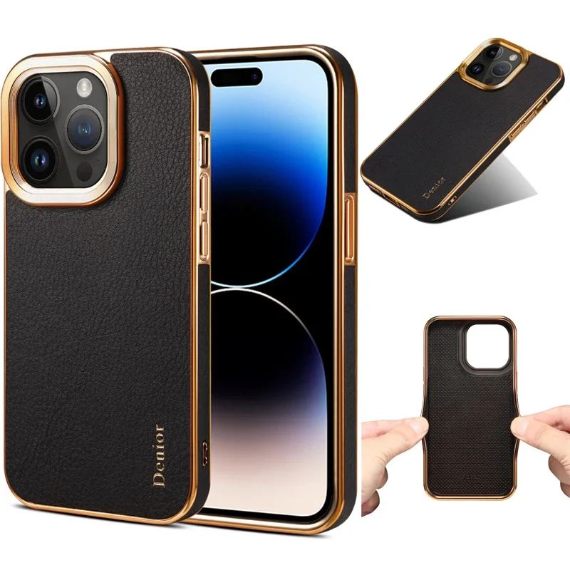 EUCAGR Luxury Genuine Leather Case for iPhone 15 Pro Max Shockproof Silicone Cellphone Cover For iPhone 15 14 13 12 Pro Max Plus