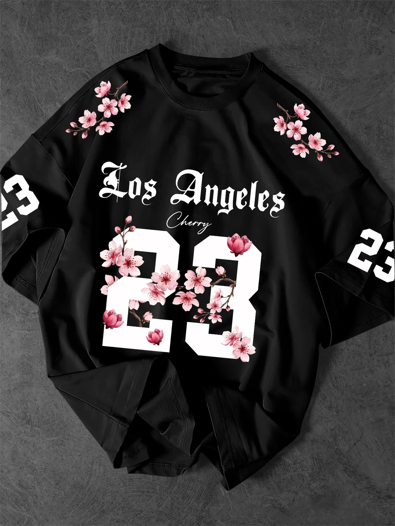 Camiseta Oversize para Hombre con Estampado Los Ángeles 23, Diseño Floral de Flor de Cerezo, Manga Corta, Estilo Casual Urbano