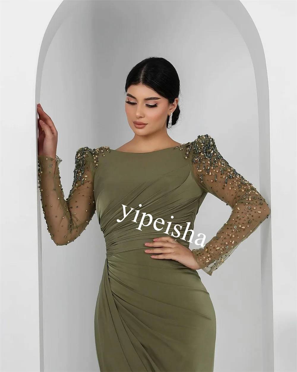 Customized  Jersey Pearl Beading Pleat Cocktail Party Sheath Scoop Neck Bespoke Occasion Gown Long Dresses Saudi Arabia