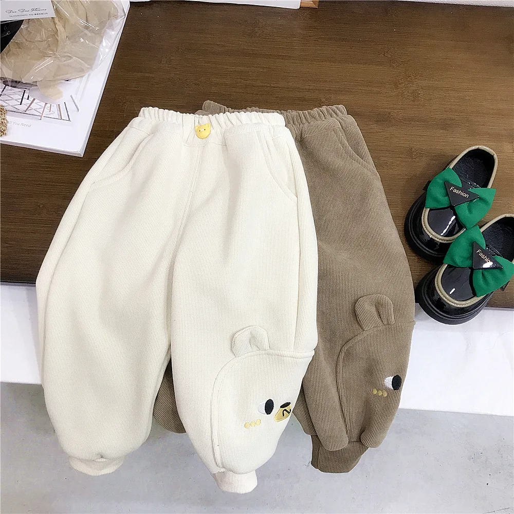 Girls Trousers Cartoon Corduroy Cotton Pants Winter Suit Small Children Integrated Cashmere Casual Pants Baby Girls Bottoms