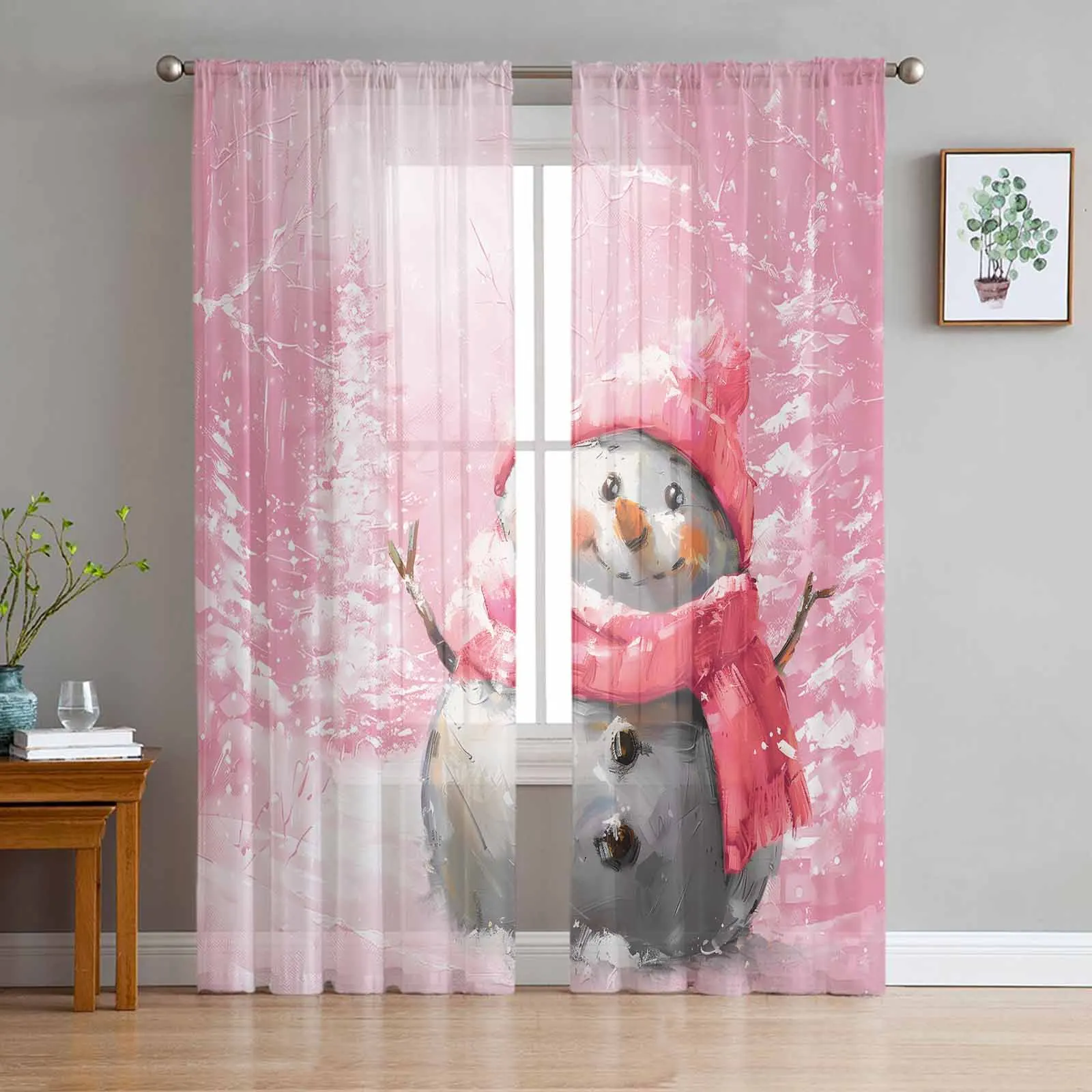 

Christmas Tree Snowman Oil Painting Tulle Curtains for Living Room Decoration Modern Chiffon Sheer Voile Christmas Curtains