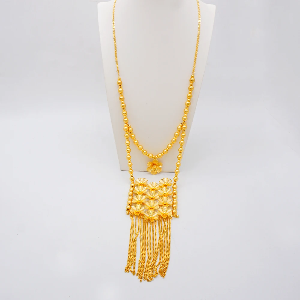 Dubai Gold Color Flower Tassel Long Chain Necklace And Earrings Jewelry Set African Ethiopian For Women Party Wedding Jewellery