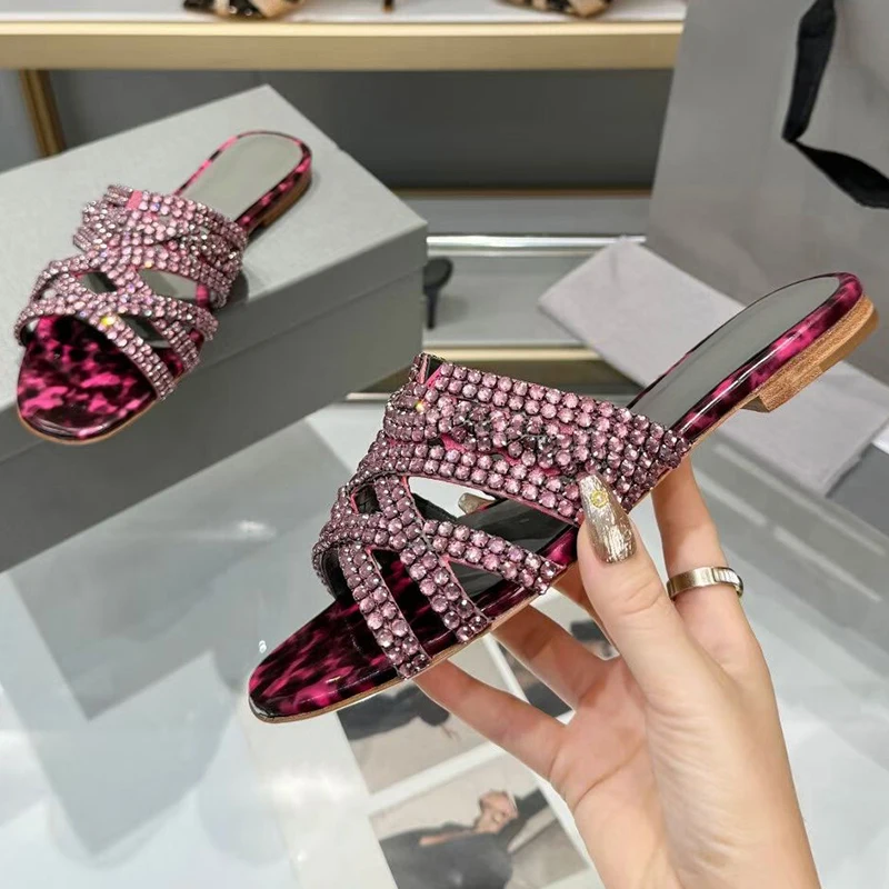Fashion Slippers Women Shiny Crystal Flat Sandals Open Toe Mixed Color Casual Shoes Summer Slides Outdoor Vacation Beach Shoes