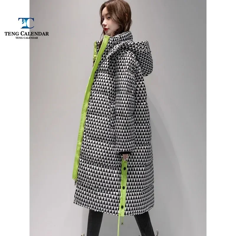 

Xiaoxiangfeng Down Cotton Jacket, European Medium To Long Spliced Hooded Houndstooth Thick Jacket, Women's 2024 Winter New Style