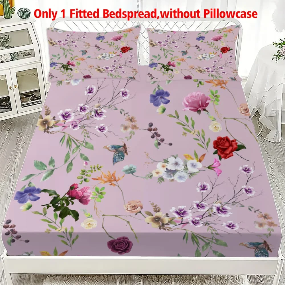 1pc Watercolor Floral & Butterfly Print Fitted Sheet Deep Pocket Elastic Mattress Cover Single Double Queen King Bedroom Decor