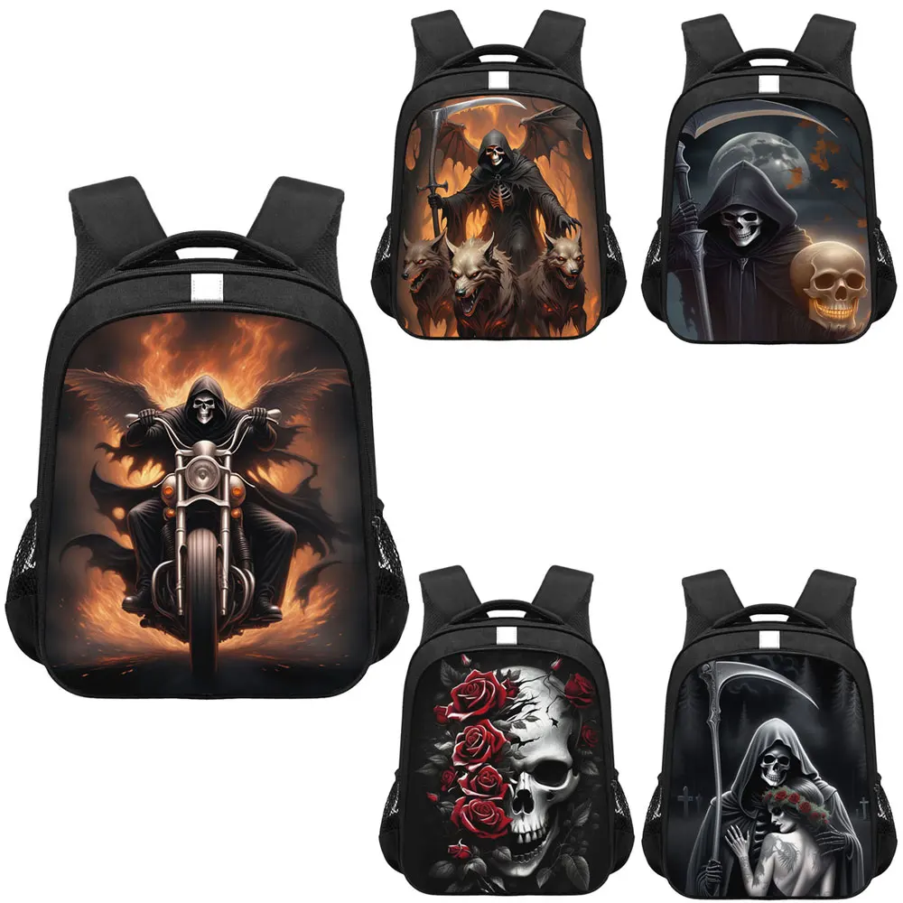 

Horror Grim Reaper Riding Motorcycle Print Backpack Death Angel Skull Gothic Rucksack Children School Bags for Teenager Book Bag