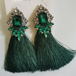 Bohemian Vintage green long tassel Crystal Earrings Statement Ethnic Luxury Simple black Drop Dangle Earring for Women Jewelry