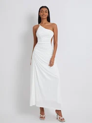 wsevypo White Backless Party Slip Long Dress Women's One-Shoulder Suspender Flowy Hem Evening Dresses Beach Night Gown Vestidos