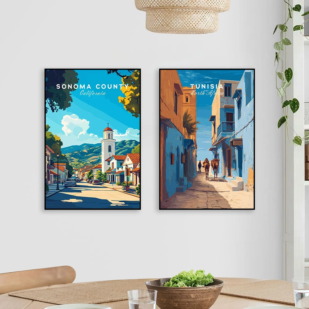 Vilnius Street Scene Print Vintage Tunisia Poster Baltic Country Art Travel Historic City Skyline Colorful Honfleur Canvas Art