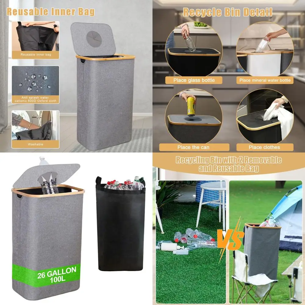 

Кухонная корзина для мусора объемом 100 л с крышкой и многоразовыми вкладышами для переработки бутылок, банок и пластика (серый)