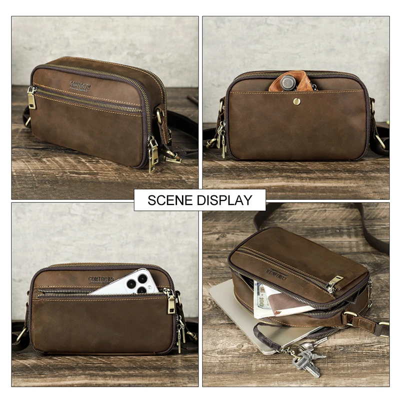 Contact's Genuine Leather Shoulder Bag for Men Small Male Casual Messenger Bag Double Zipper Leisure Male Daily Crossbody Bags