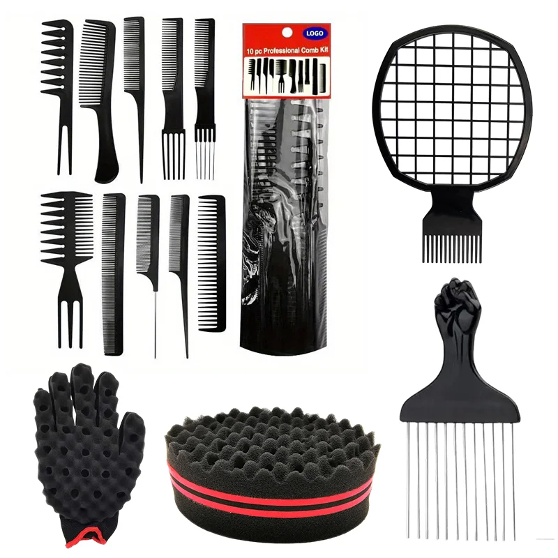 Professional Afro Hair Styling Kit Comb Set Twist Sponge Glove Metal Afro Pick Comb For Dreadlock Braid Curly Hair Barber Salon Tools