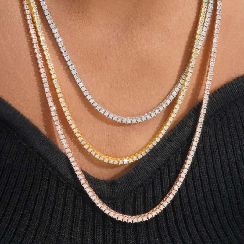 925 Sterling Silver 2MM D Color Moissanite Tennis Chain Necklace for Women Fine Jewelry Plated 18k Gold Pass Diamond Tester Gift
