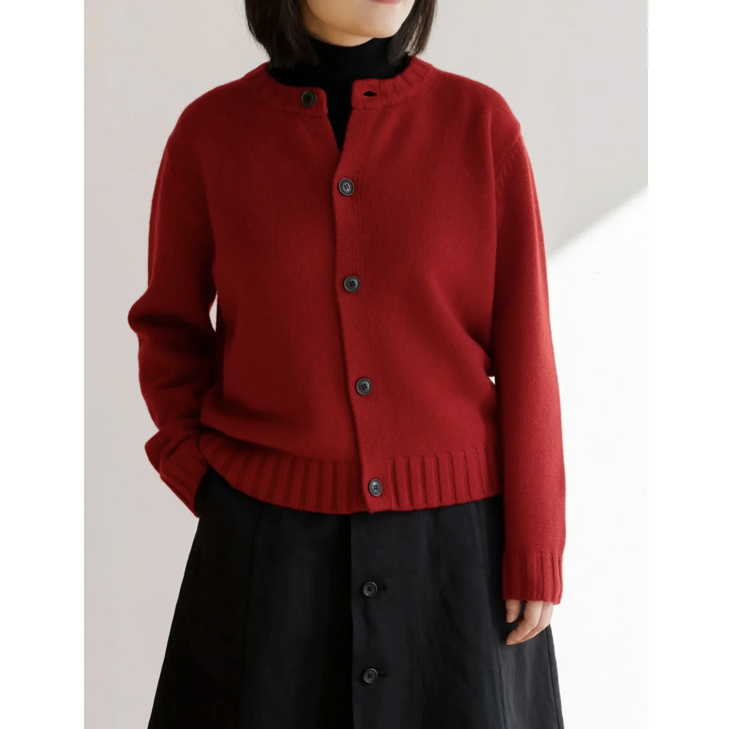 

Autumn and winter new crew neck wool blended top jacket retro red knitted cardigan women's 16A