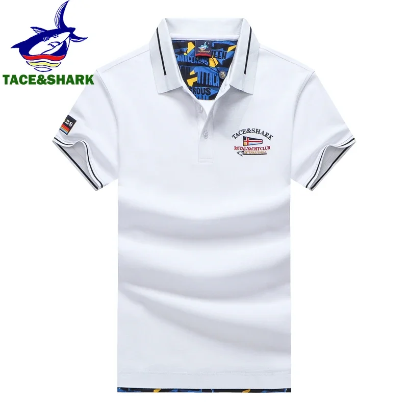 

TACE&SHARK Brand Solid Color Polo Shirt Men Camisas Summer Shirts White Blue Fashion Polos Embroidery Polo Homme Clothing 2021