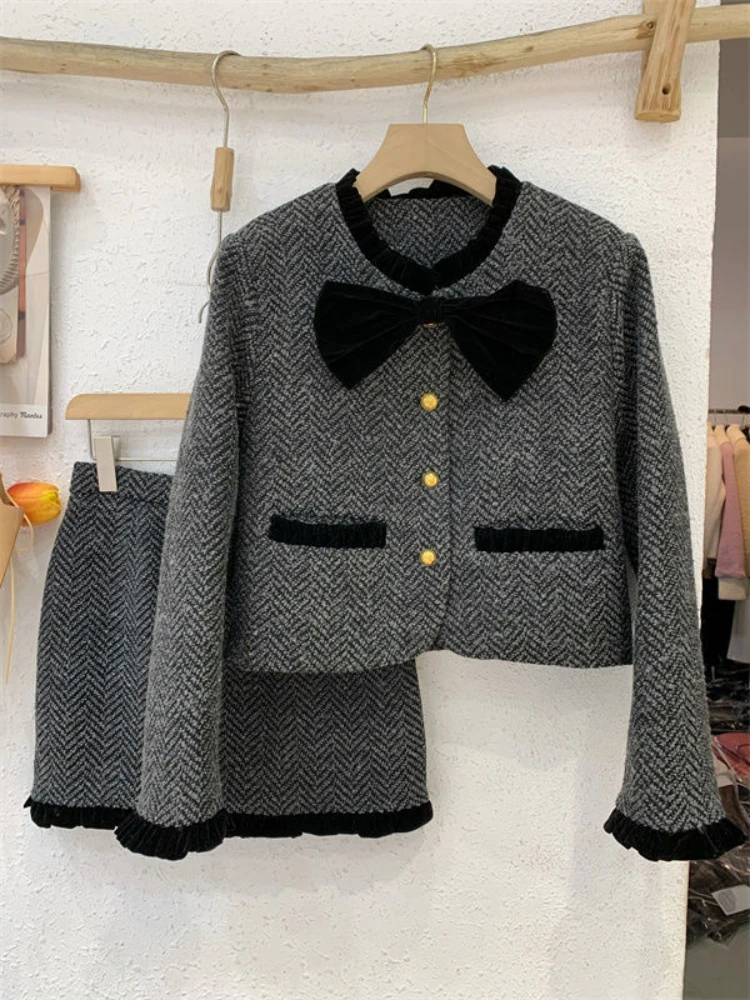 Korean Vintage Thickened Stitching Suit Women's 2023 Autumn Winter Bow Slimming Warm Down Short Jacket+A-Line Skirt 2-Piece Set