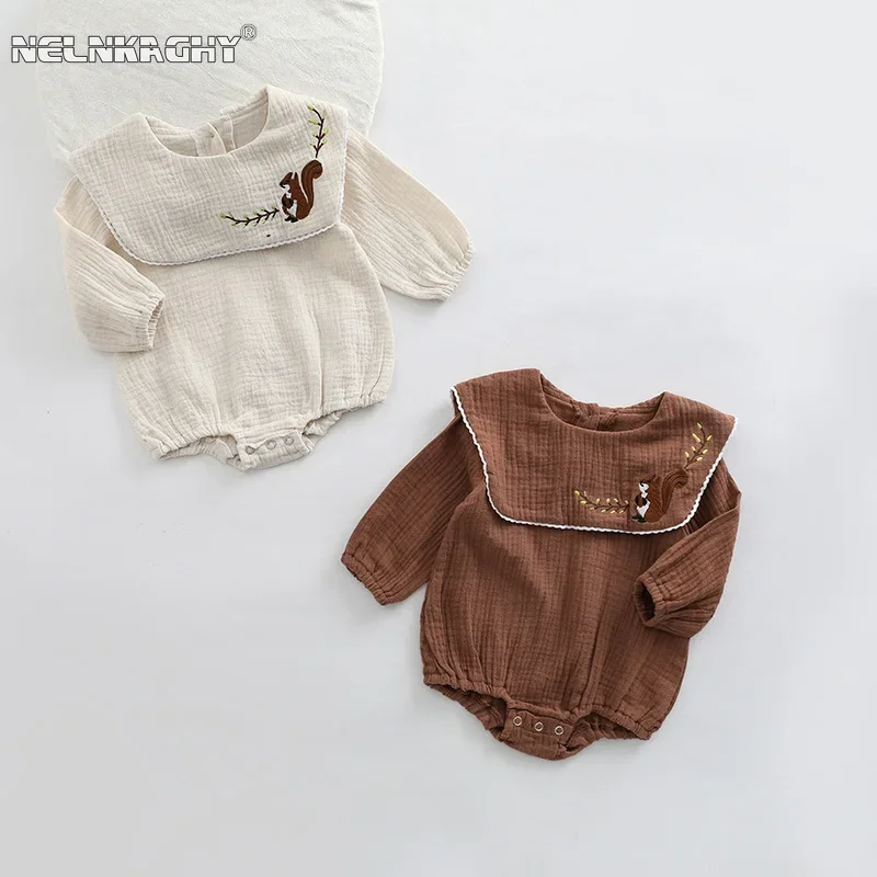 2024 autumn spring new in Kids Baby Girls' Cotton O-neck Ruffles Deer Embroidery Romper Newborn Infant Soft bodysuit Trendy