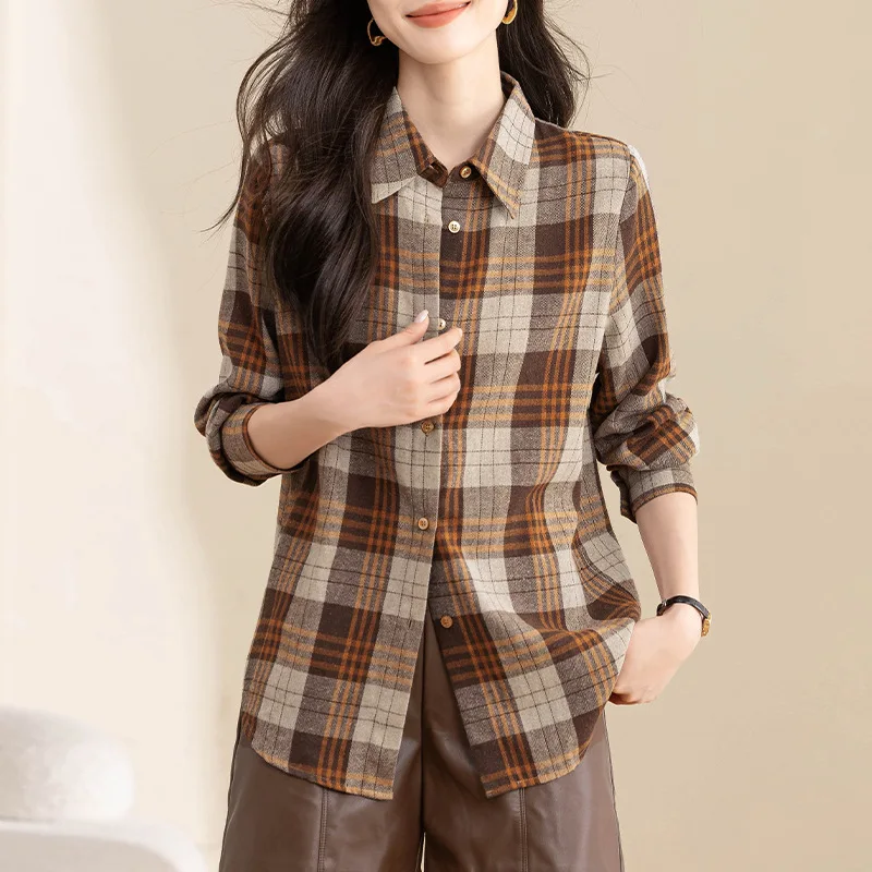 Boweylun Retro Milled Plaid Long Sleeve Shirt Women's Autumn and Winter Medium Long Loose Blouse Tops Famale