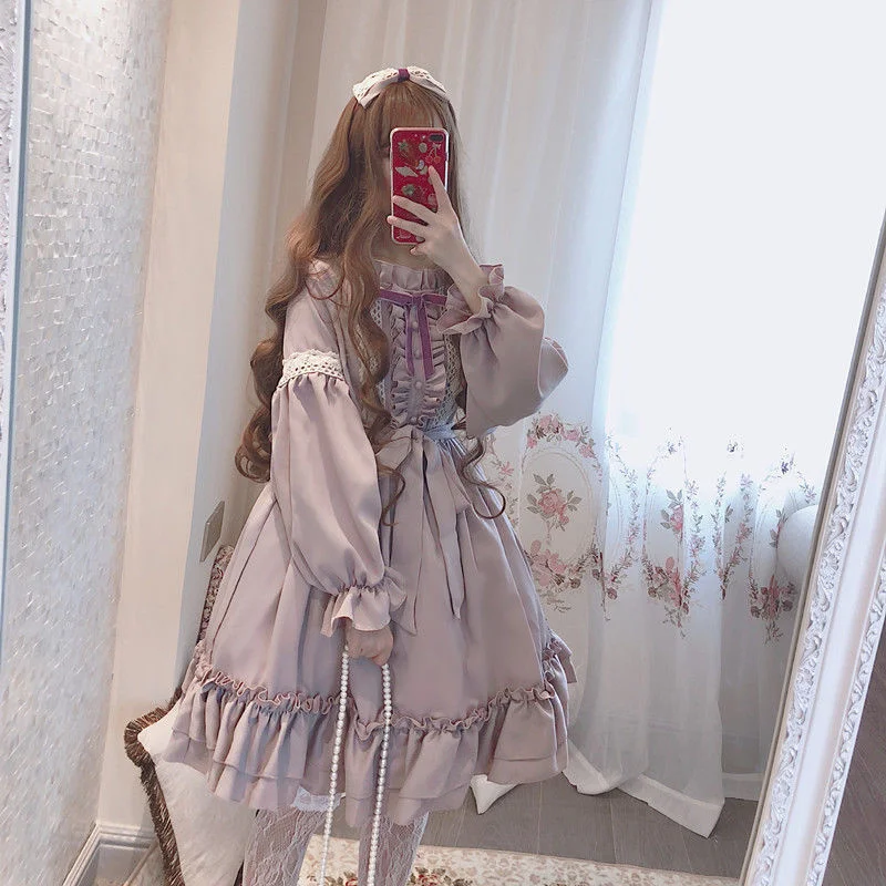 Alice Princess Lolita OP Flouncing Lace Trim fur s for Women, Japanese Harajuku, Long Sleeves, Butter fur s, Teen fur s, Degraded, Educational, Cute