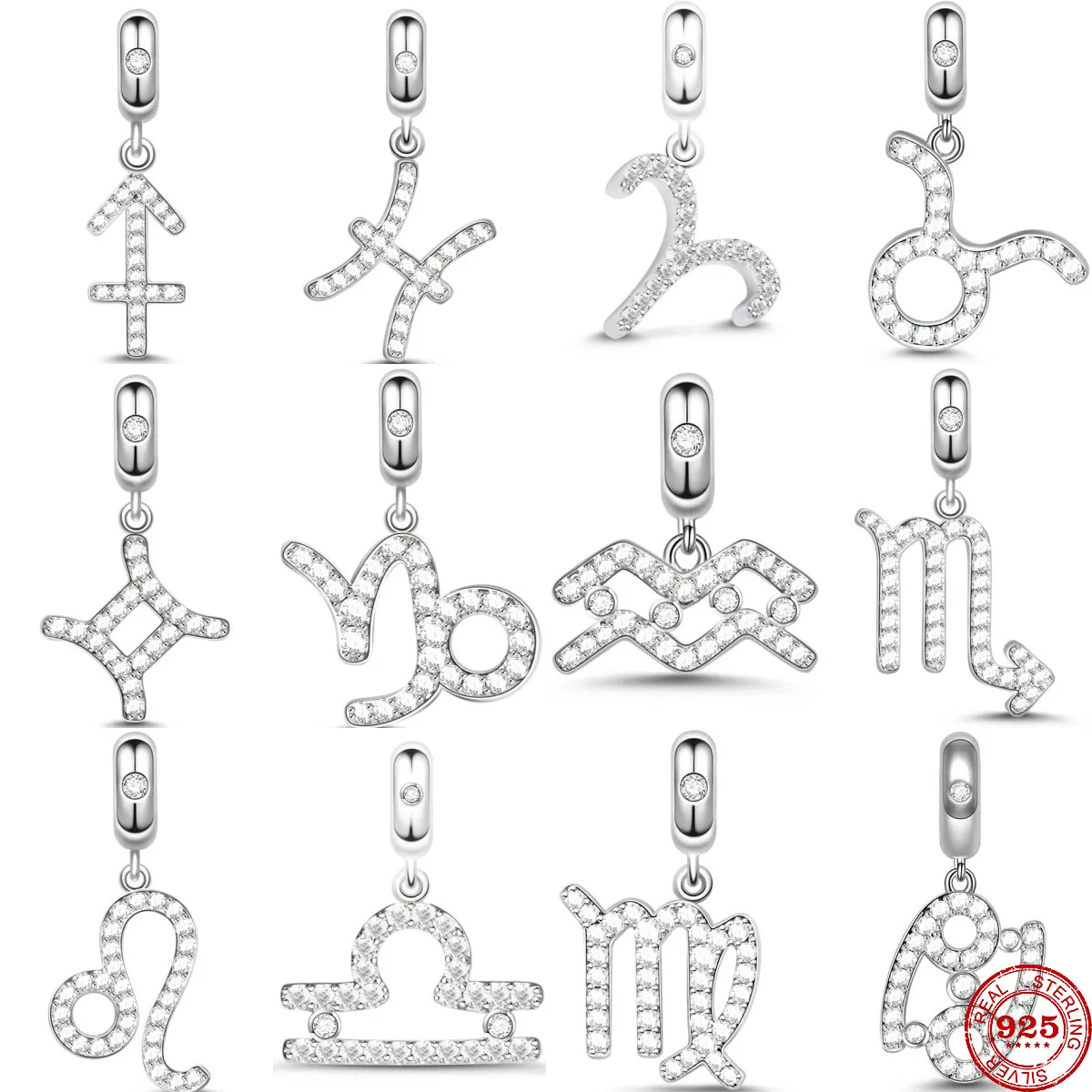 

New 925 Sterling Silver Twelve zodiac signs birthday sparkling zircon Dangle Bead Diy Fit Original Pendant Charm Bracelet Bangle