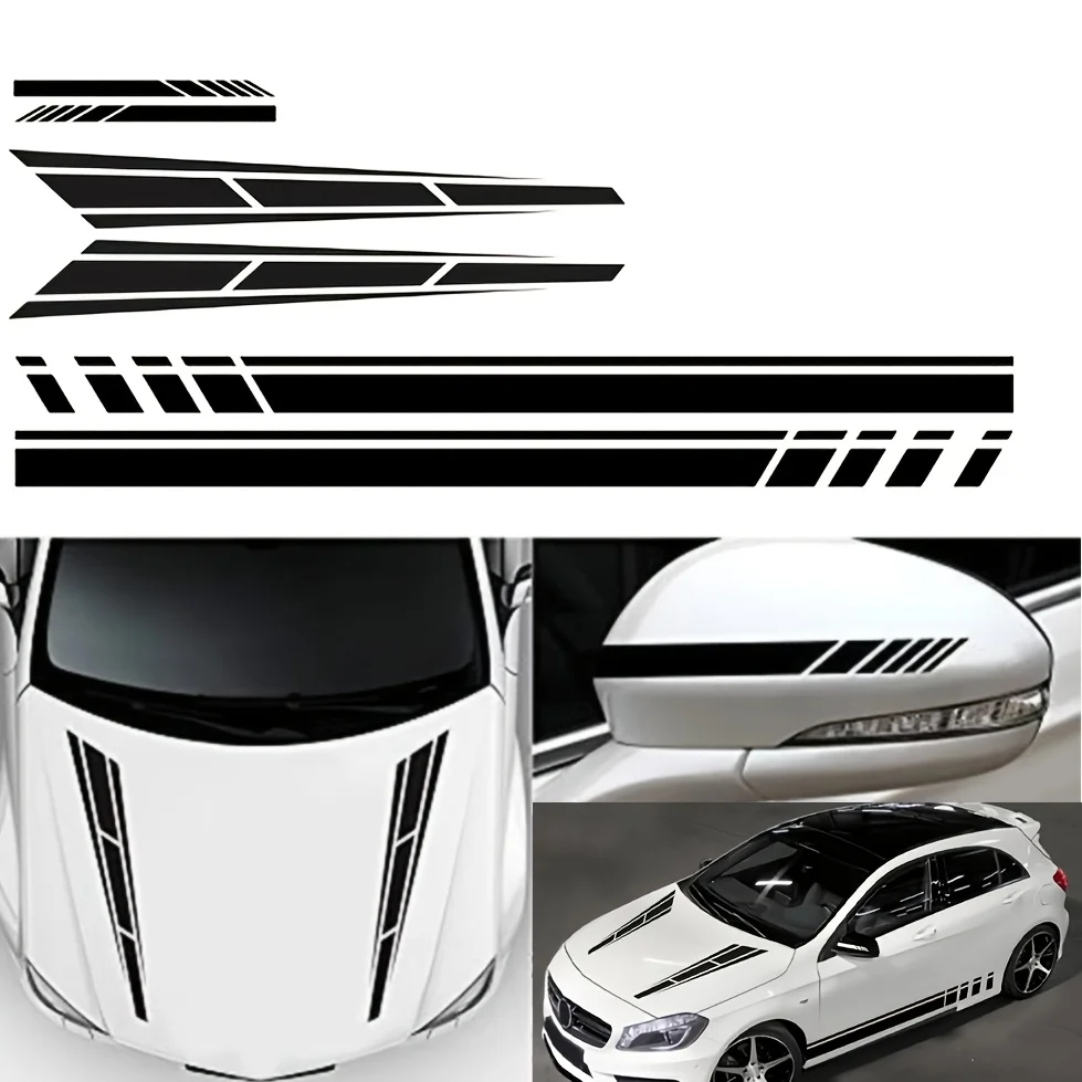 6pcs/1Set Black Stripe Set Car Stickers Vinyl Film Waterproof Universal DIY Car Hood Body and Rearview Mirror Stickers