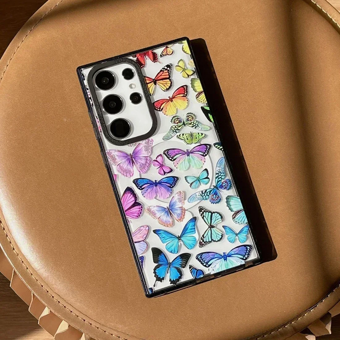

Colorful Butterfly Magnetic Acrylic Black Border Case for Samsung Galaxy S25 Ultra S24 S23 Cover Protective Shell