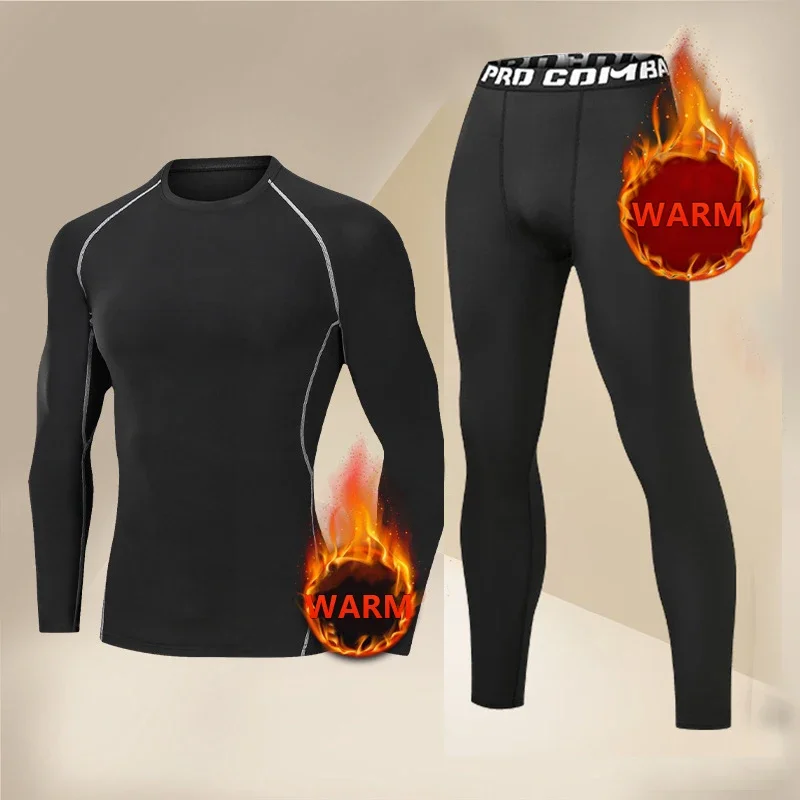 Winter Running Set Men's Velvet Warm Printed Tight Clothing Sports Fitness Skiing Training High Elasticity Set